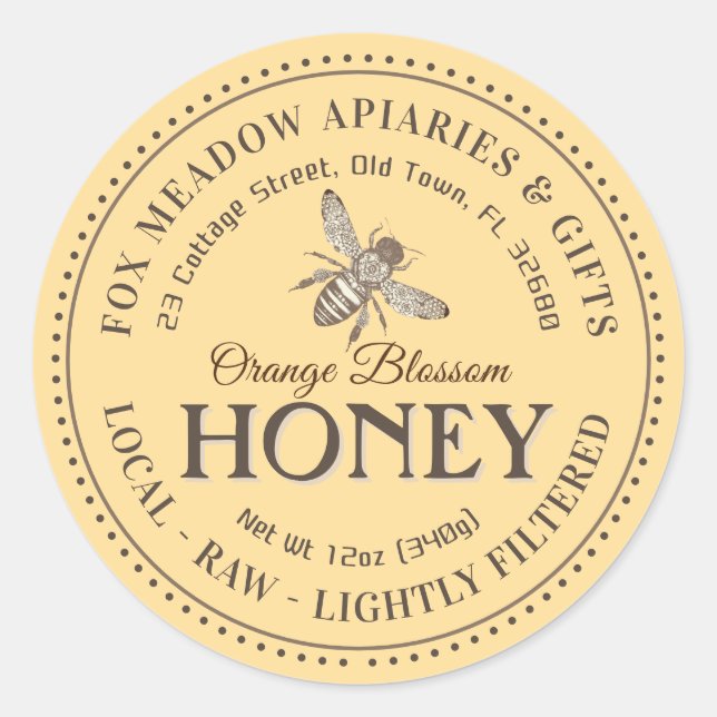Adesivo Redondo Fronteira Pontilhada de Abelha Voadora de Mel de F (Frente)