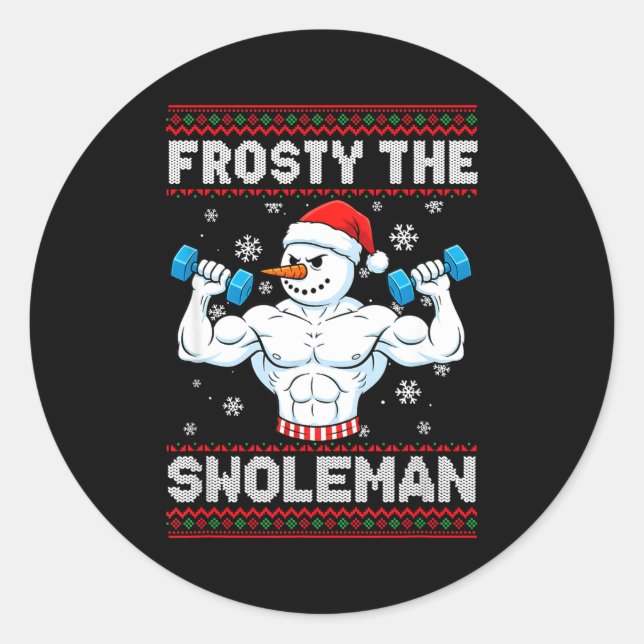 Adesivo Redondo Frosty The Swoleman Ugly Christmas Sweater Funny S (Frente)