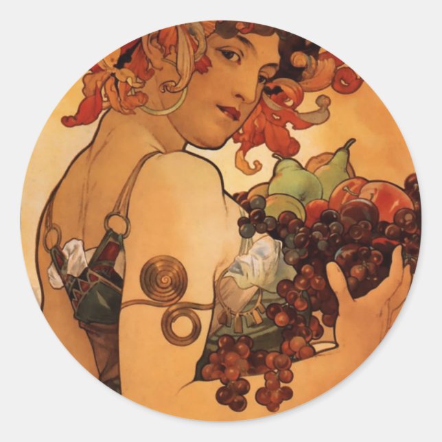 Adesivo Redondo Fruta de Alfonse Mucha (Frente)