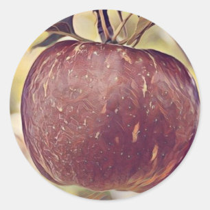 Adesivo Redondo Fruta de maçã vermelha e folhas de aquarela
