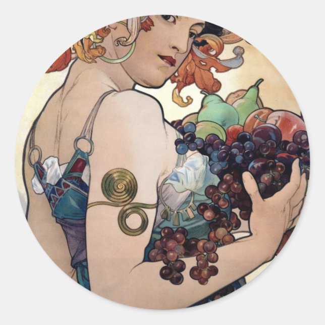 Adesivo Redondo Fruta por Alfons Mucha 1897 (Frente)