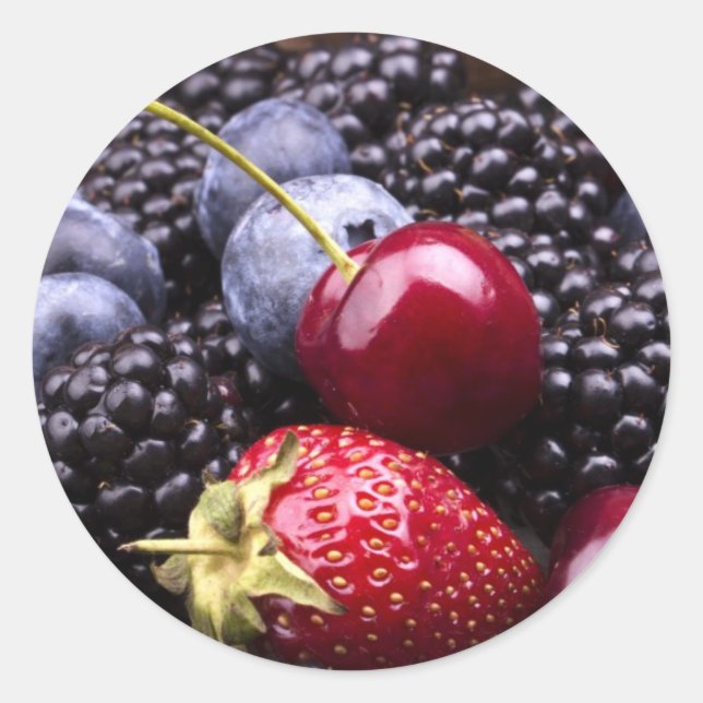 Adesivo Redondo Frutas De Verão Desagradáveis Numa Mesa De Madeira (Frente)