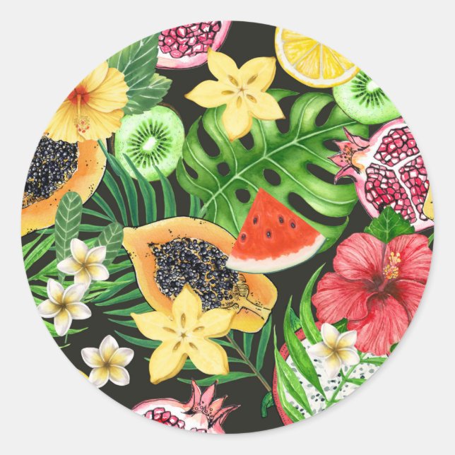 Adesivo Redondo Frutas tropicais, flores e folhas a preto (Frente)