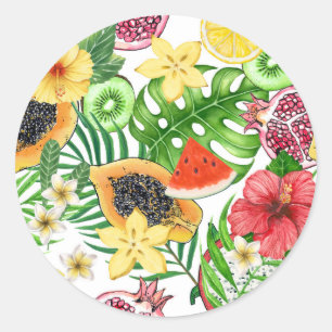 Adesivo Redondo Frutas tropicais, flores e folhas em branco