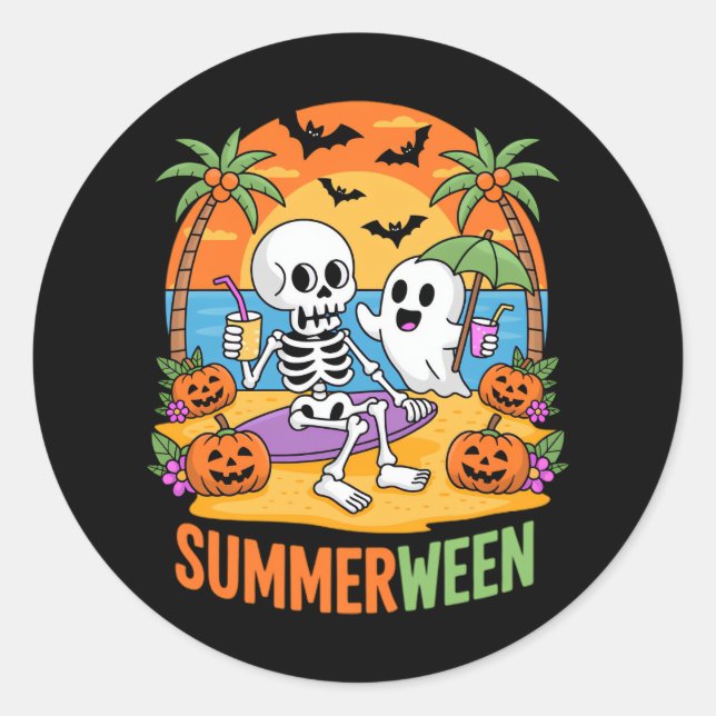 Adesivo Redondo Fu do Halloween de Summerwin Skeleton Ghost Beach (Frente)