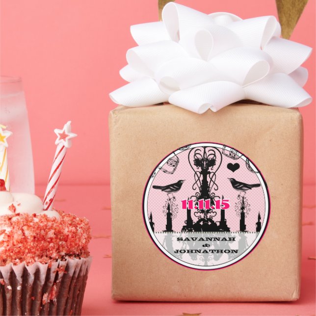 Adesivo Redondo Fuchsia Pink Vintage Chandelier Bird Wedding (Festa)