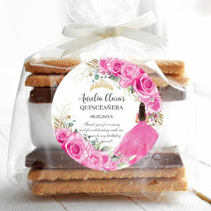 Adesivo Redondo Fúcsia Floral Princesa Dourada Quinceañera XV