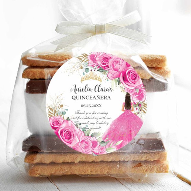 Adesivo Redondo Fúcsia Floral Princesa Dourada Quinceañera XV (Criador carregado)