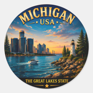 Adesivo Redondo Fuga Cênica pelos Grandes Lagos de Michigan 🟡
