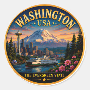 Adesivo Redondo Fuga da Silhueta de Seattle em Washington 🟡