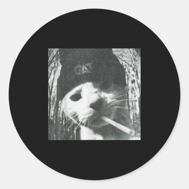 Adesivo Redondo Fumando a Cat Beanie Meme Grunge Estética Engraçad (Frente)