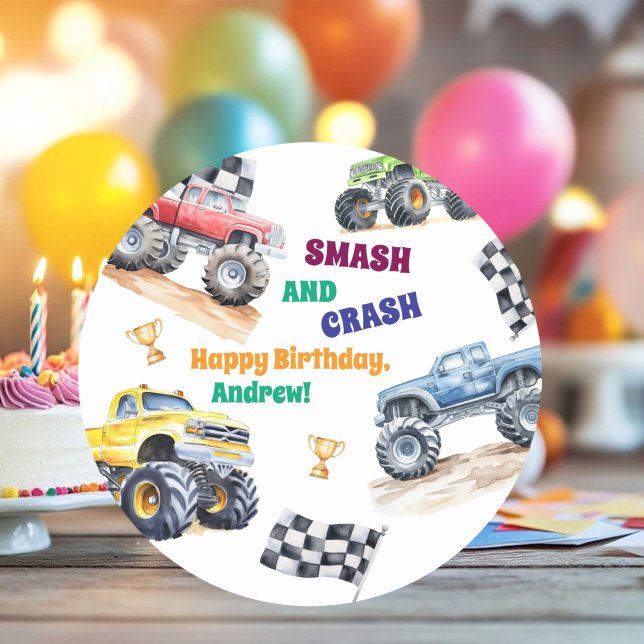 Adesivo Redondo Fun Monster Trucks Birthday Party  (Criador carregado)