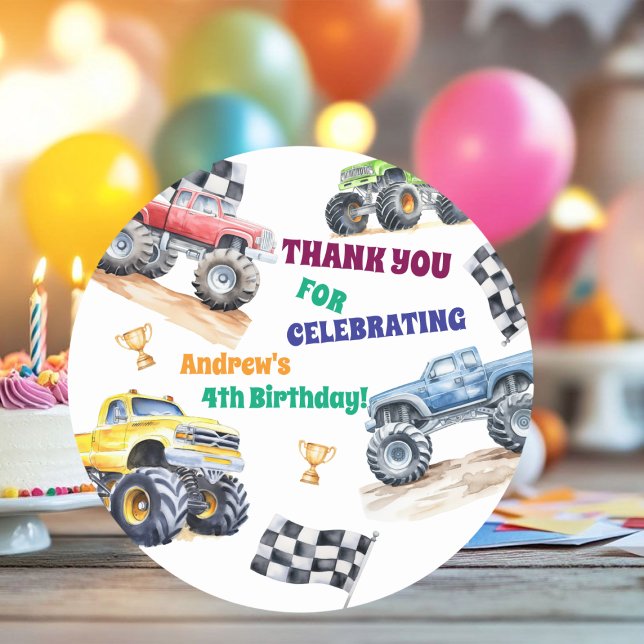 Adesivo Redondo Fun Monster Trucks Birthday Party  (Criador carregado)