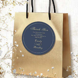 Adesivo Redondo Fundo Azul Marinho Script Dourado Elegante Obrigad