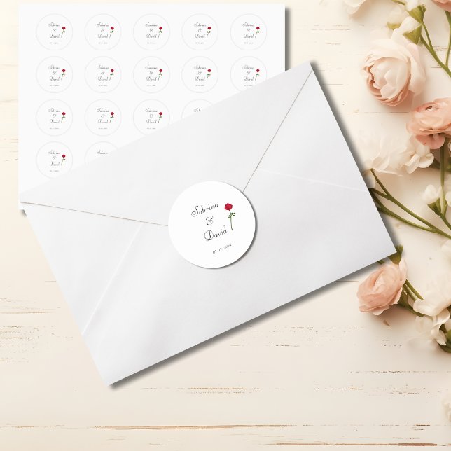 Adesivo Redondo Fundo Branco de Casamento rosa vermelha (Criador carregado)