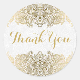 Adesivo Redondo Fundo Branco do Paisley do Ornamentado Dourado