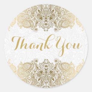 Adesivo Redondo Fundo Branco do Paisley do Ornamentado Dourado