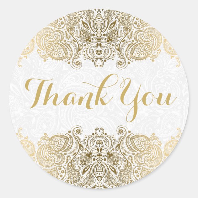 Adesivo Redondo Fundo Branco do Paisley do Ornamentado Dourado (Frente)