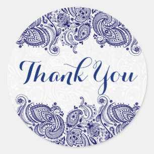 Adesivo Redondo Fundo floral azul do branco de Paisley