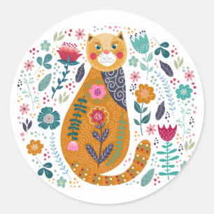 Adesivo Redondo Fundo floral de gato bonito desenhado à mão