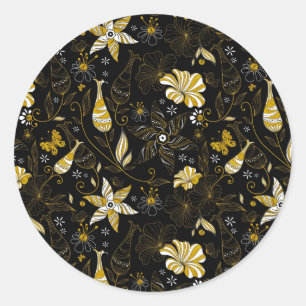 Adesivo Redondo Fundo floral dourado do preto bonito do vintage