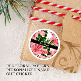 Adesivo Redondo Fundo Floral Vermelho Elegante Nome Personalizado