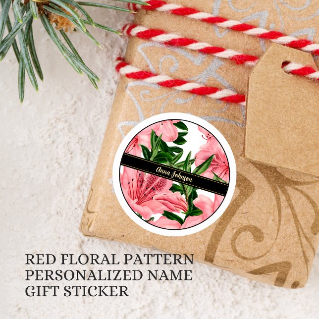 Adesivo Redondo Fundo Floral Vermelho Elegante Nome Personalizado (Criador carregado)