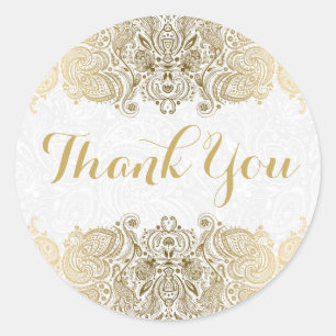 Adesivo Redondo Fundo ornamentado Dourado do branco de Paisley