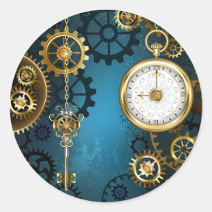 Adesivo Redondo Fundo turquesa Steampunk com engrenagens