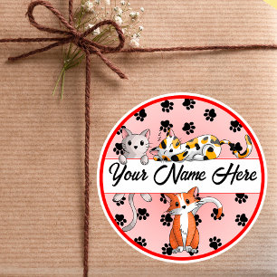 Adesivo Redondo Fundo vermelho com gatinhos brancos