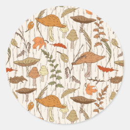 Adesivo Redondo Fungos e Folhas de outono - padrão perfeito.