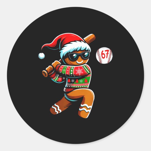 Adesivo Redondo Funny 67 Gingerbread Man Playing Baseball Christma (Frente)