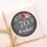 Adesivo Redondo Funny 70 So What Chalkboard Floral 70th Birthday<br><div class="desc">Funny 70 So What Chalkboard Watercolor Flowers 70th Birthday Floral Stickers. Modern and elegant floral 70th birthday stickers with beautiful watercolor roses and twigs on a chalkboard background. The funny and motivational text 70 So what is great for a woman who celebrates 70 years and has a sense of humor....</div>