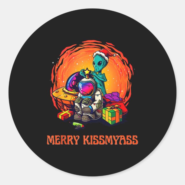 Adesivo Redondo Funny Alien Christmas Shirt _ Merry Kissmy Tank To (Frente)