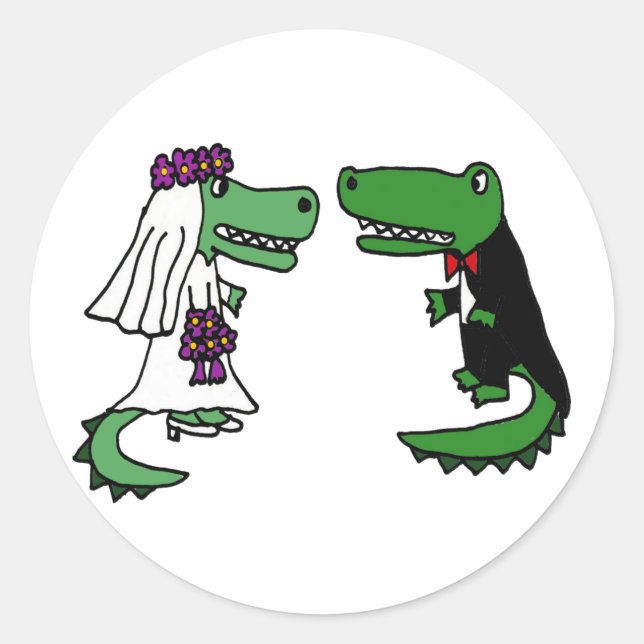 Adesivo Redondo Funny Alligator Bride e Groom Cartoon (Frente)