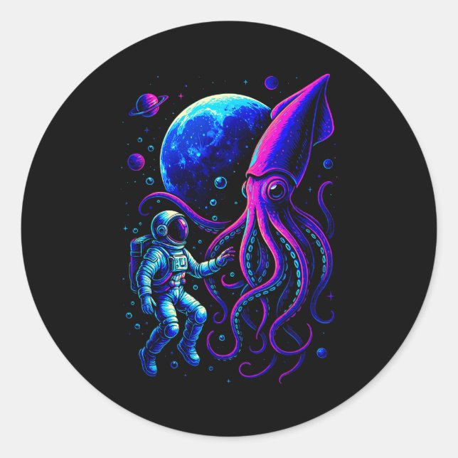 Adesivo Redondo Funny Astronaut And Squid In Underwater Space With (Frente)