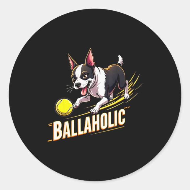 Adesivo Redondo Funny Ballaholic Boston Terrier Dog Chasing Bostie (Frente)