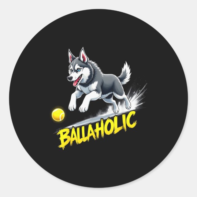 Adesivo Redondo Funny Ballaholic Siberian Husky Dog Chasing Ball  (Frente)