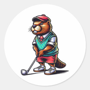 Adesivo Redondo Funny Beaver Golfer Rodand Golfing Esportes de Gol