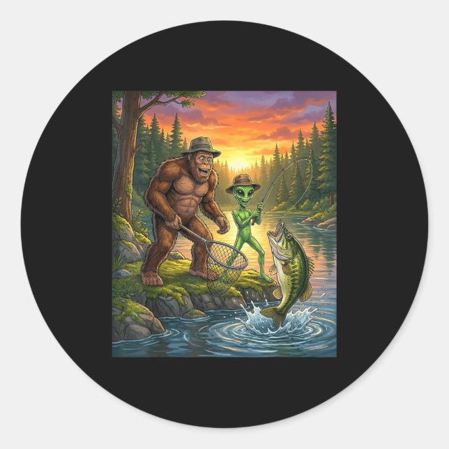 Adesivo Redondo Funny Bigfoot Fishing Mens Alien Sasquatch Fishing (Frente)