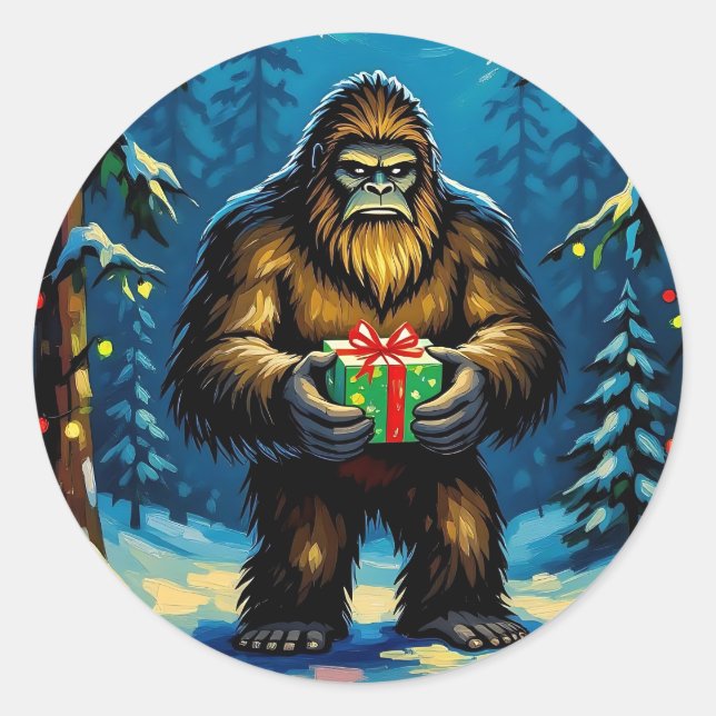 Adesivo Redondo Funny Bigfoot holding a Christmas Gift (Frente)