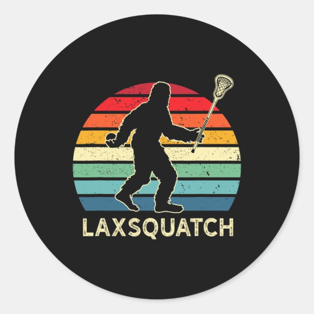 Adesivo Redondo Funny Bigfoot Lacrosse Lax Sasquatch Equipe de Lac (Frente)