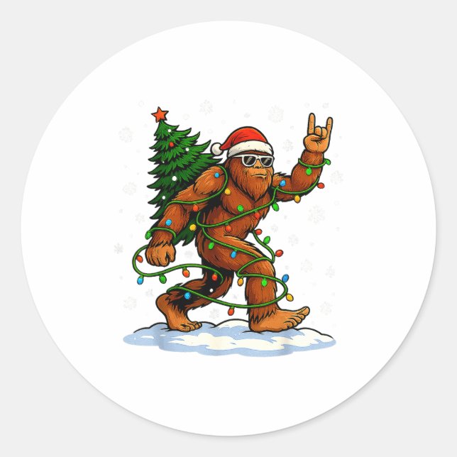 Adesivo Redondo Funny Bigfoot Rock On Christmas Lights Snow Holida (Frente)