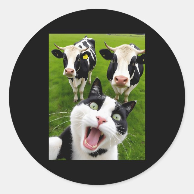 Adesivo Redondo Funny Black And White Cat Cow Selfie  (Frente)