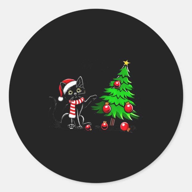 Adesivo Redondo Funny Black Cat Pushing Christmas Tree Over Cat Wh (Frente)