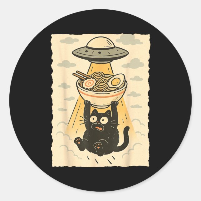 Adesivo Redondo Funny Black Cat Ufo Ramen Alien Abduction Graphic  (Frente)