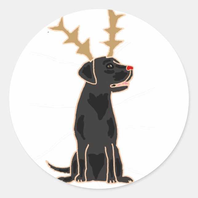 Adesivo Redondo Funny Black Lab com Reindeer Antlers no Natal (Frente)