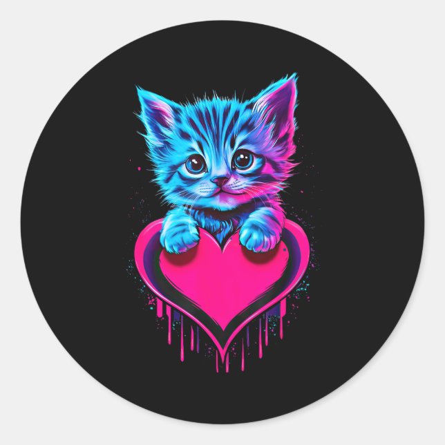Adesivo Redondo Funny Blacklight Glitch Art Cute Cat Kitten Valent (Frente)