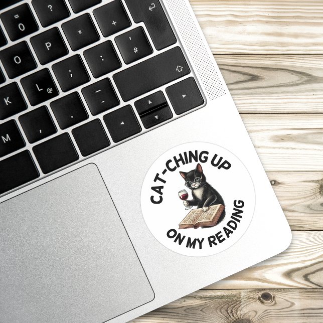 Adesivo Redondo Funny Bookish Drinking Cat Reading (funny cat pun reading sticker)