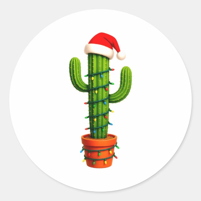 Adesivo Redondo Funny Cactus Santa Hat Xmas Tree Lights Merry Chri (Frente)